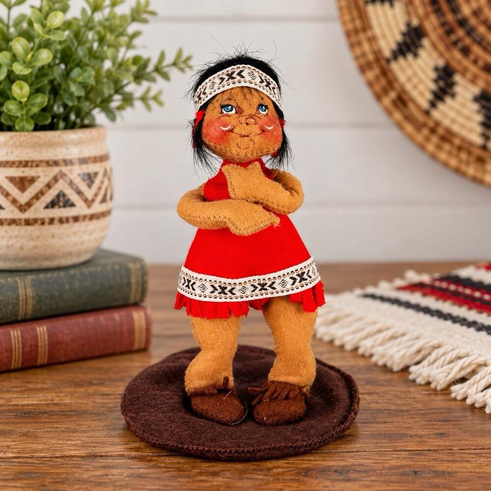Vintage Annalee 1991 Native American Girl Doll Red Dress Felt Figure 7"
